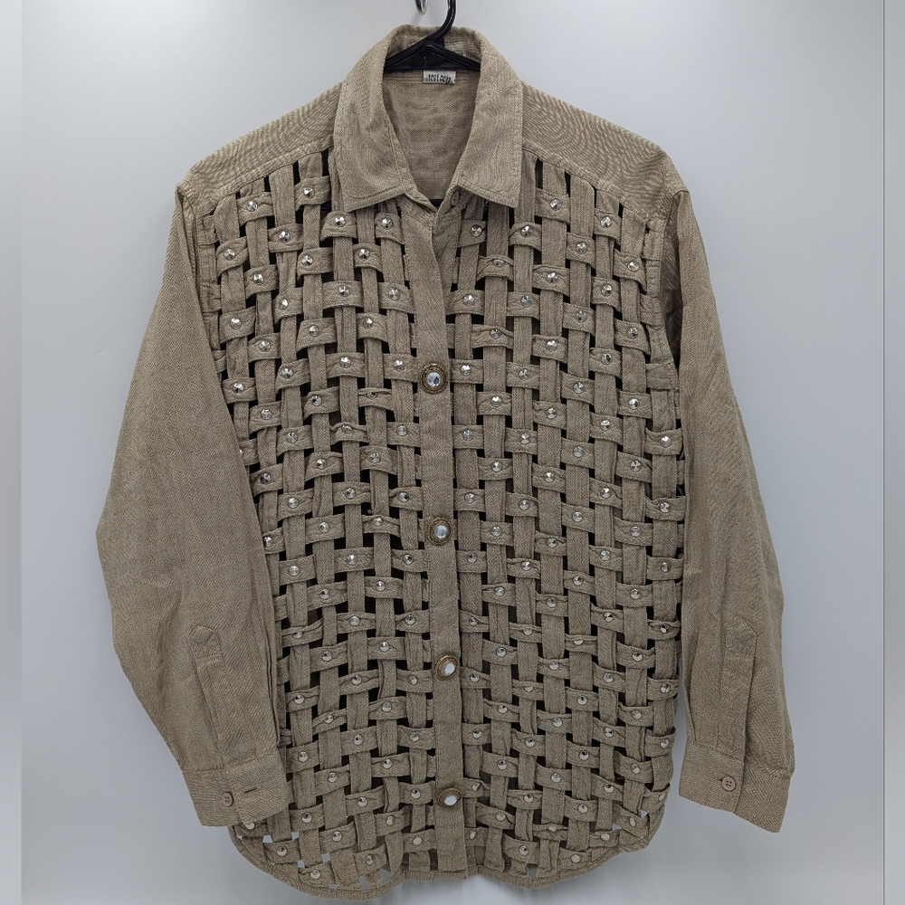 Yak Magik Cotton Studded Basket Weave Shirt Boho Western Embellished Jacket M
